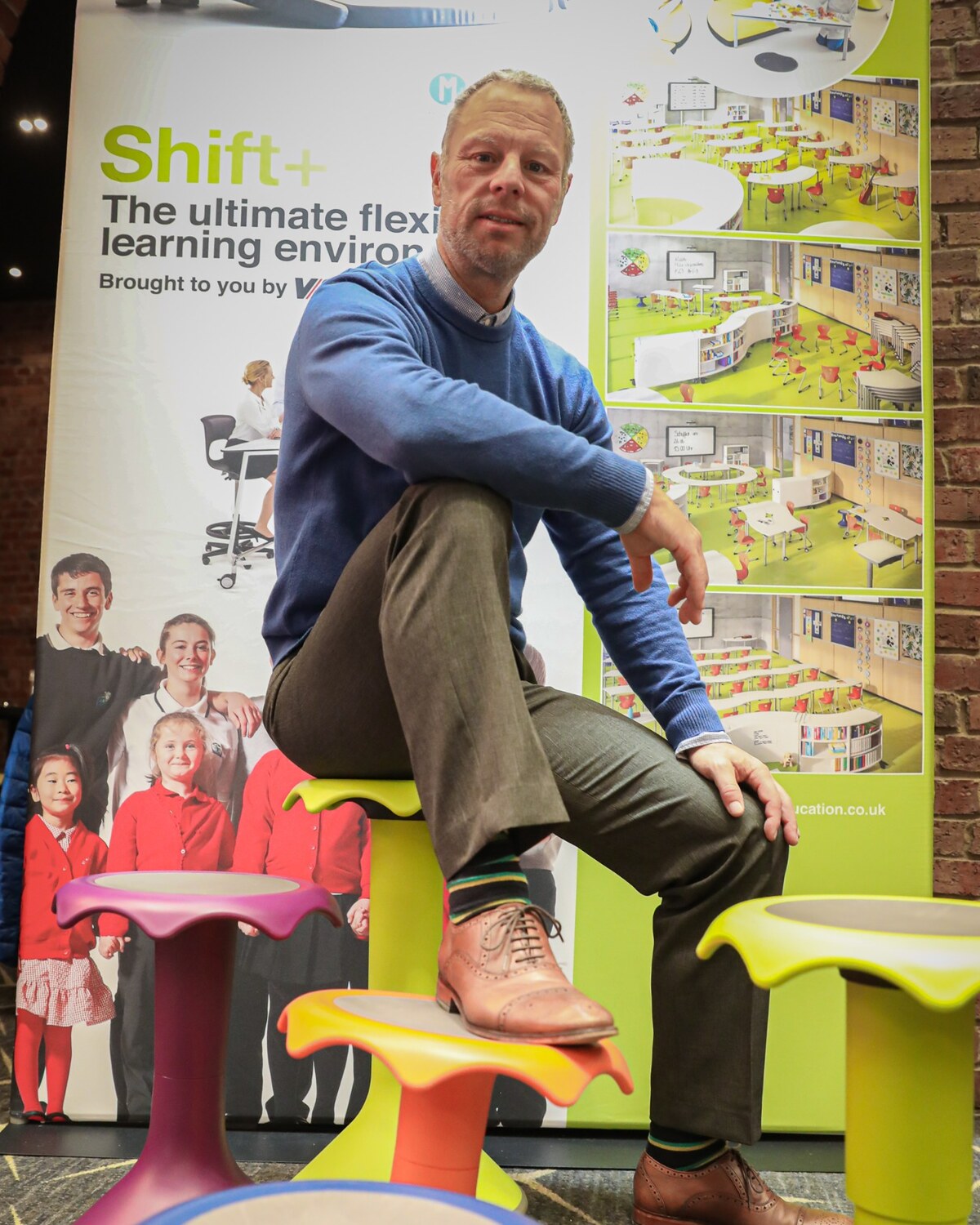 Henning Madsen with VS Hokki stools and a Shift Plus learning environment display