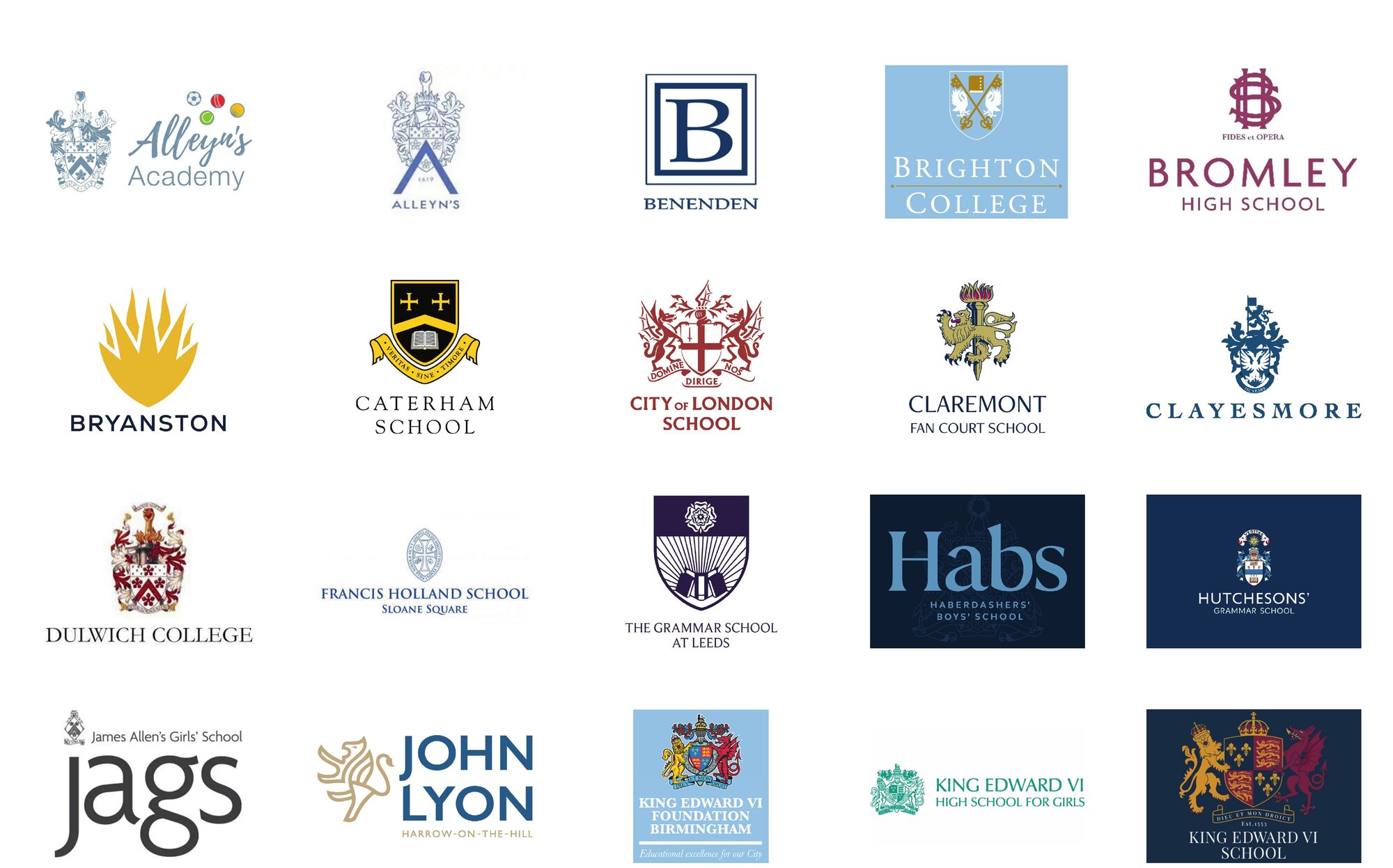 Selected independent school logos including Brighton College, Bryanston, Caterham School, City of London School and Dulwich College