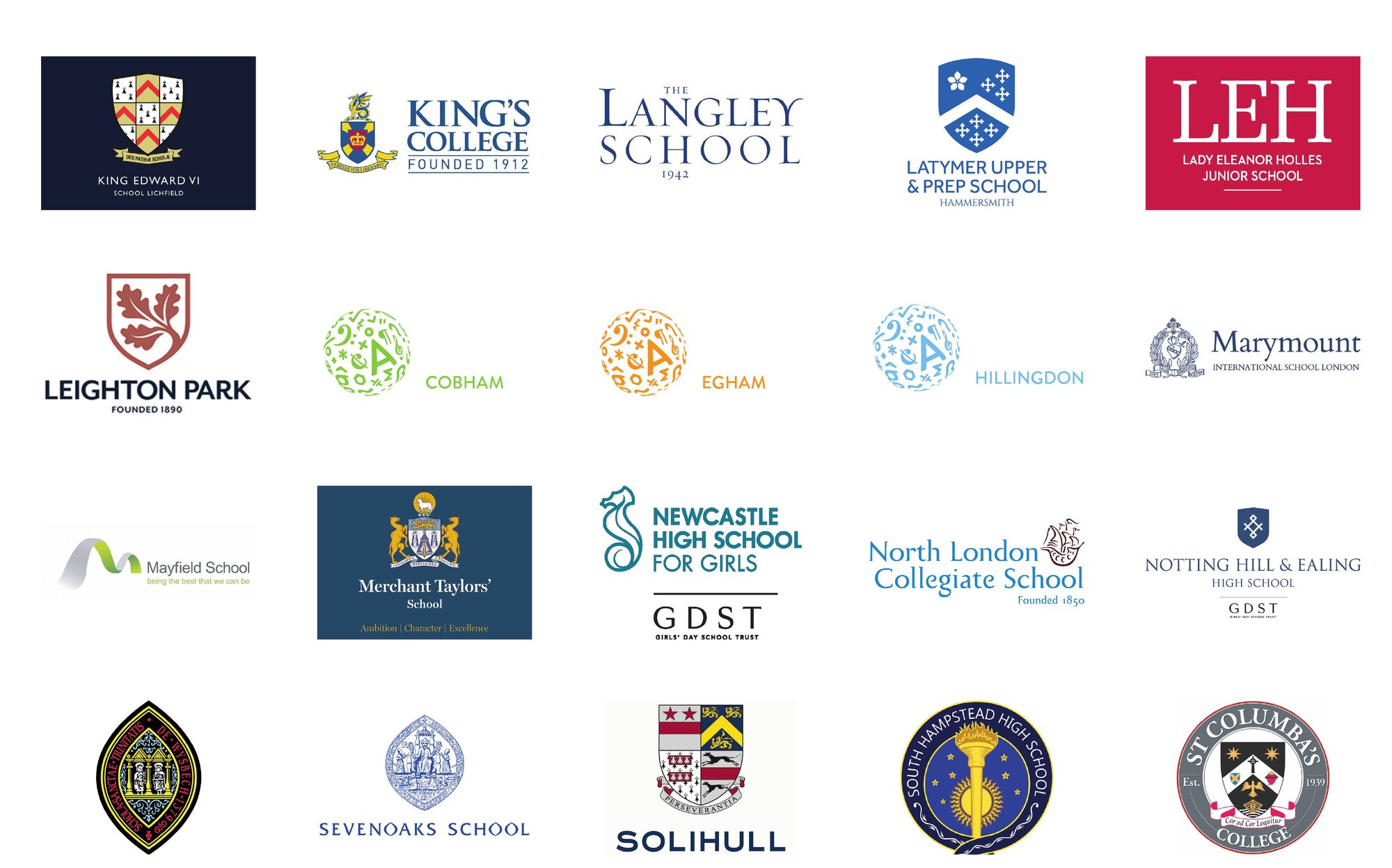 Selected independent school logos including Leighton Park, North London Collegiate School, Sevenoaks School and Solihull School