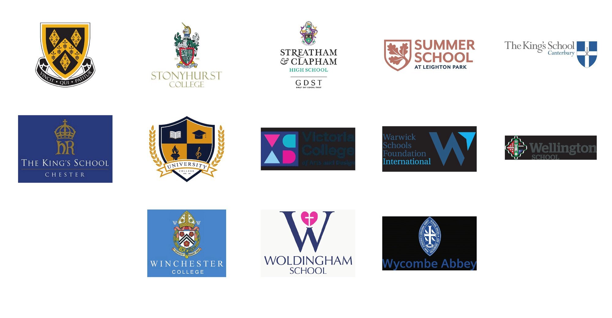 Selected independent school logos including Stonyhurst College, Wellington School, Winchester College and Wycombe Abbey