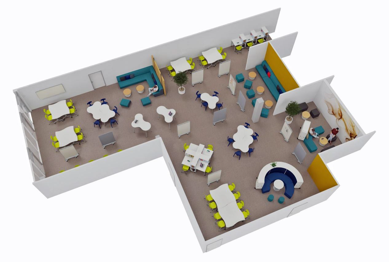 Three dimensional space plan showing flexible learning, collaboration and study zones