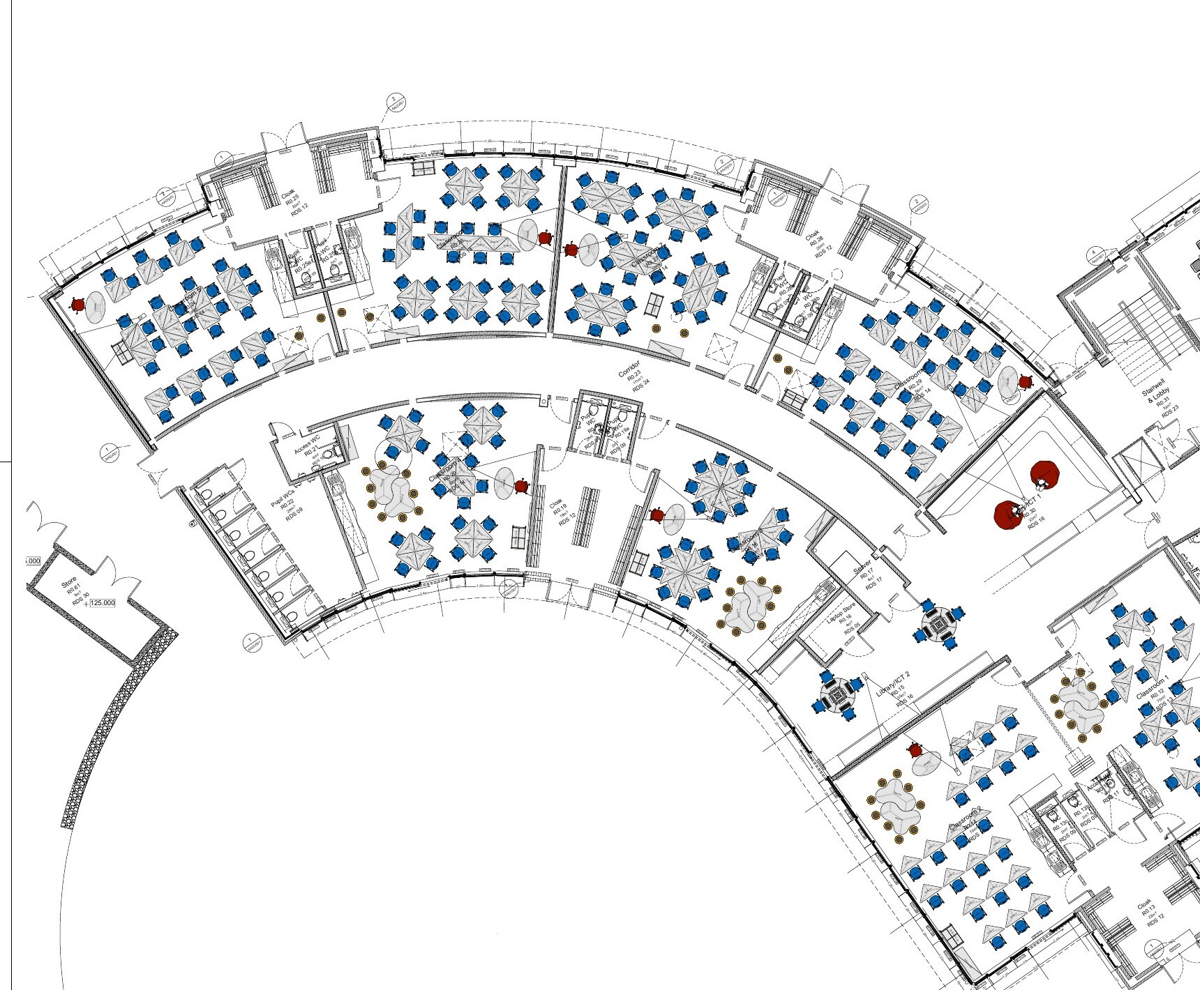 Example ground floor space plan showing furniture layouts across classrooms and shared learning areas
